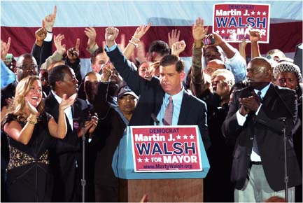 Mayor-elect Martin J. Walsh celebrated his victory on Tuesday night at the Park Plaza.: Photo by Chris Lovett